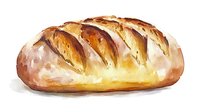 Freshly baked artisan sourdough bread loaf with golden brown crust and distinctive scoring pattern, watercolor style illustration on white background.
