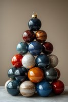 Colorful glass Christmas ornaments stacked in pyramid shape against neutral background, featuring metallic, speckled and solid finishes in festive arrangement.