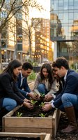 Diverse business team planting seedlings in urban garden box during golden hour, symbolizing growth, teamwork and corporate sustainability initiatives.