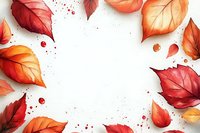 Autumn leaves frame with watercolor splashes on white background, featuring vibrant red and orange foliage arranged in decorative border pattern.