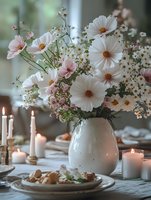 Romantic floral arrangement with white cosmos and pink flowers in ceramic vase on dining table with lit candles, creating soft atmospheric mood for special occasions.