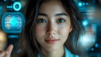 Young Asian woman interacting with futuristic holographic interface displaying glowing blue technology elements against dark background with bokeh lights.