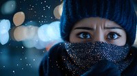 Young woman with intense blue eyes wearing winter knit hat and sparkly face mask against blurred city lights background creating mysterious night atmosphere.