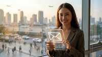 Young woman with long dark hair and olive complexion, wearing professional business attire, holding glowing email icon while standing at high-rise window overlooking city skyline. Digital communication and business concept.