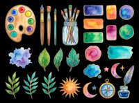 Watercolor art clipart set with palette, brushes, leaves, moon, sun, compass, and color swatches, isolated on transparent background, for stickers, t-shirts, print on demand.