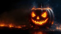 Glowing carved pumpkin with evil smile and burning flames on dark background, spooky halloween decoration with smoke and fire effects for seasonal design.