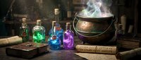 Magical alchemy laboratory with glowing colorful potions in glass bottles, ancient scrolls and bubbling cauldron creating mystical atmosphere for fantasy themes.
