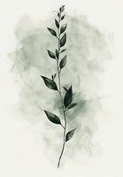 Minimalist botanical art featuring delicate branch with green leaves on soft watercolor background, suitable for nature-inspired home decor and stationery design.