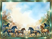 Herd of horses galloping through meadow with wildflowers and foliage, watercolor style with ornate gold frame border, suitable for equestrian designs and nature-themed projects.