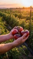 Farmer hands holding fresh ripe tomatoes at sunset in organic vegetable garden with golden light illuminating harvest season agricultural produce.