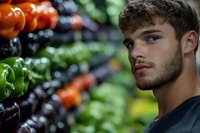 Young handsome man with curly hair and beard shopping for fresh vegetables at grocery store produce section.