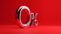 Metallic zero percent sign on vibrant red background, representing interest-free financing, special promotion, or no-cost payment option for retail marketing.