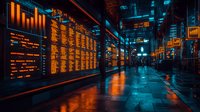 Futuristic digital displays illuminate dark corridor with orange and blue glow, reflecting on wet floor surface creating cyberpunk atmosphere in urban setting.