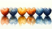 Watercolor hearts in orange, yellow and blue tones arranged in row with reflection, romantic artistic composition on white background for Valentine's Day designs.