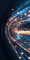 Glowing optical fiber lines curve through dark space with orange and blue light streams, creating futuristic data transmission visualization for technology concepts.
