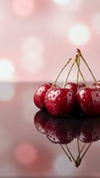 Fresh red cherries with water drops on reflective surface against soft pink bokeh background for summer fruit and healthy eating concepts.