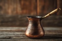 Traditional copper Turkish coffee pot with brass handle on rustic wooden table for authentic brewing and kitchen decor.