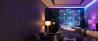 Hand holding futuristic holographic smartphone interface with glowing blue digital display in modern purple-lit smart home interior for technology concepts.