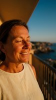 Mature woman enjoying golden hour sunset on coastal balcony with peaceful expression and ocean view for wellness and retirement lifestyle content.