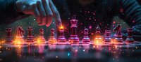 Glowing chess pieces on dark reflective surface with magical light effects and bokeh. Hand moving pieces creates mystical atmosphere for strategy concepts.
