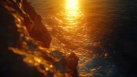 Dramatic aerial view of golden sunset light reflecting on ocean waves near rocky coastal cliffs creating magical atmosphere and natural glow effect.