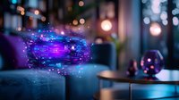 Glowing purple hologram with digital elements floating above surface in dark room with bokeh lights, creating futuristic atmosphere for technology concepts.