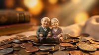 Happy elderly couple figurines sitting on pile of coins representing retirement savings and financial security planning for senior years.