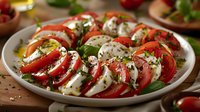 Fresh caprese salad with layered tomato and mozzarella slices, garnished with basil leaves and balsamic glaze on white ceramic plate, macro food photography.