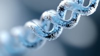 Frozen DNA helix structure with ice crystals and frost effects in blue tones against blurred background, representing genetic research and biotechnology advancement.