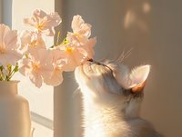 Curious cat sniffing delicate pink flowers in soft morning sunlight, creating cozy atmospheric scene with natural window lighting and gentle shadows.