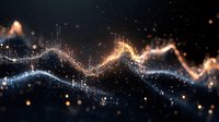 Glowing golden and blue wave lines with sparkles and particles on dark background, abstract financial chart visualization for business analytics.