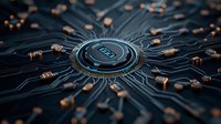 Glowing blue circular CPU core on dark circuit board with copper connections radiating outward in futuristic pattern, representing digital technology and processing power.