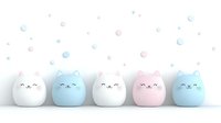 Cute kawaii cat egg holders in pastel colors white, blue and pink arranged in row with floating bubbles on light background. Minimal easter concept.