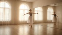 Young female ballet dancer practicing graceful movements in sunlit studio with wooden floors and large windows, professional dance training environment.