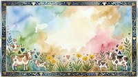 Farm animals grazing in meadow with watercolor sky background. Decorative border with cows, sheep, flowers for children's room decor and educational materials.