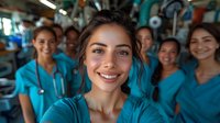 Diverse medical team in turquoise scrubs with focus on young Hispanic female healthcare worker smiling at camera, group of nurses in hospital setting background.