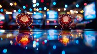 Red warning lights with bokeh reflections on wet surface at night create atmospheric urban mood with glowing circles and mirror effect in dark background.
