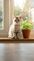 Adorable tabby kitten sitting on sunny windowsill next to small potted plant in cozy home interior with natural lighting and peaceful atmosphere.