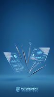 Digital dental technology concept with floating tablets displaying analytics data and professional dental instruments on blue gradient background.
