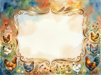 Watercolor farm scene with chickens, rooster, and chicks surrounding an ornate golden frame with copy space for text or design.