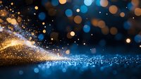 Magical glowing sparkles and bokeh lights on dark background with golden and blue particles creating dreamy atmospheric effect for festive designs.