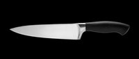Chef knife with black handle and stainless steel blade, isolated on transparent background. Ready for kitchen clipart, t-shirt design, print on demand, stickers, and sublimation.