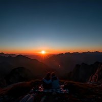 Couple watching sunrise from mountain peak with dramatic orange sky and layered mountain ranges creating romantic outdoor adventure moment.