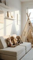 Cozy neutral nursery playroom with teepee tent, stuffed animals on beige sofa, floating shelves and natural sunlight streaming through window.