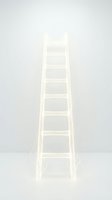 Tall wooden ladder with white finish isolated on neutral background, suitable for interior design, home improvement, construction, and DIY project graphics.