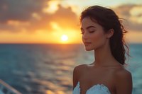 Young woman with closed eyes enjoying sunset at beach, wearing white dress. Serene expression, wind-blown hair against golden hour sky and turquoise ocean background.