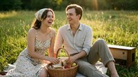 Young couple enjoying outdoor picnic in sunny meadow with basket of fresh produce, laughing together in natural light, ideal for lifestyle and relationship content.