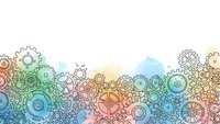 Colorful mechanical gears and cogs border design with watercolor splash effects on white background for industrial and engineering concepts.
