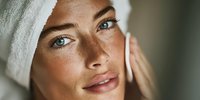 Close-up portrait of woman with freckles, blue eyes, and white towel on head touching face after skincare routine or spa treatment.