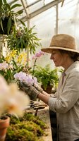Senior Caucasian woman gardener in straw hat tending to pink orchids in bright greenhouse, surrounded by lush green plants and natural sunlight streaming through glass.